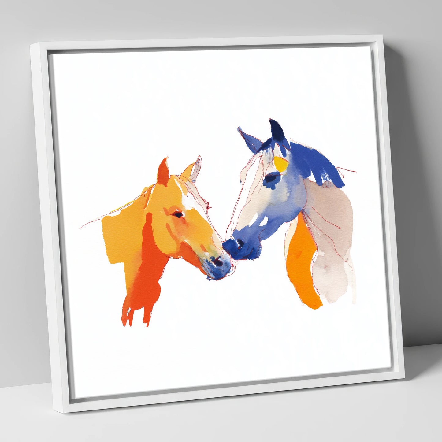 Vibrant Equine Bond horse portrait canvas wall art in white frame