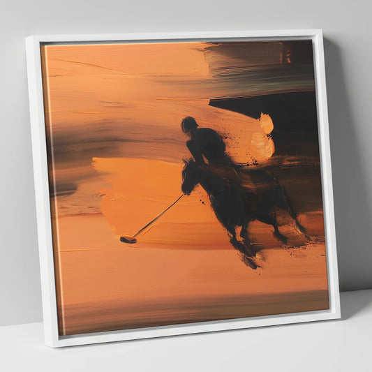 Amber Polo Pursuit polo horse canvas wall art in white frame