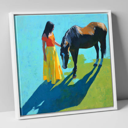 Sunlit Connection horse & rider canvas wall art in white frame