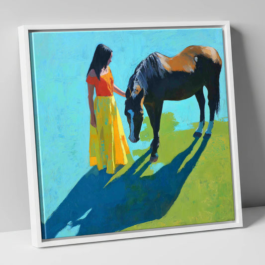 Sunlit Connection horse & rider canvas wall art in white frame