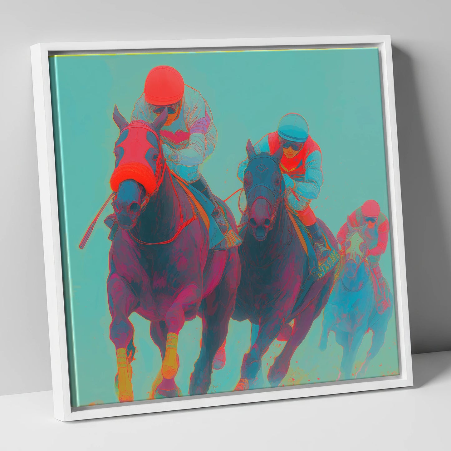 Electric Homestretch racing horse canvas wall art in white frame