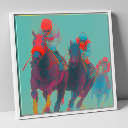 Electric Homestretch racing horse canvas wall art in white frame