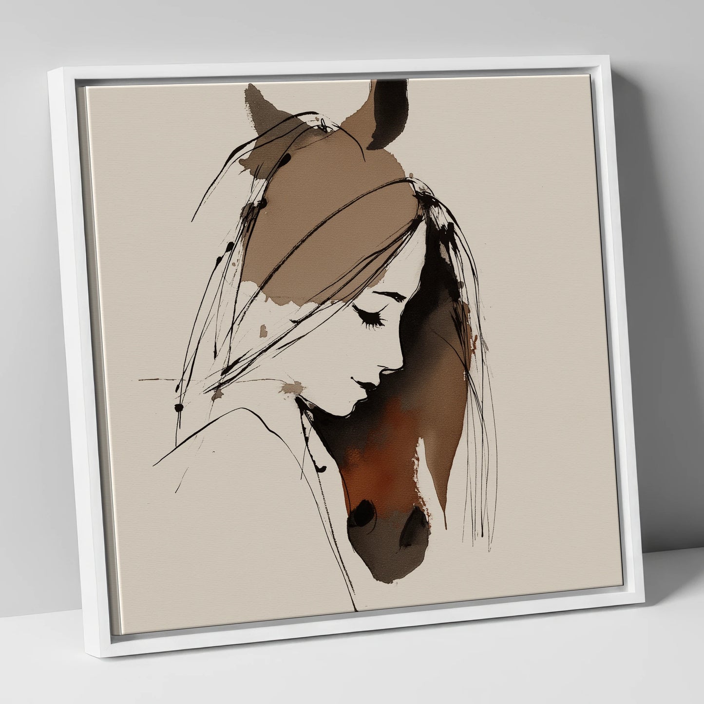 Intertwined Spirits horse & rider canvas wall art in white frame