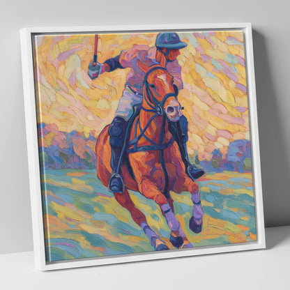 Vivid Polo Pursuit polo horse canvas wall art in white frame