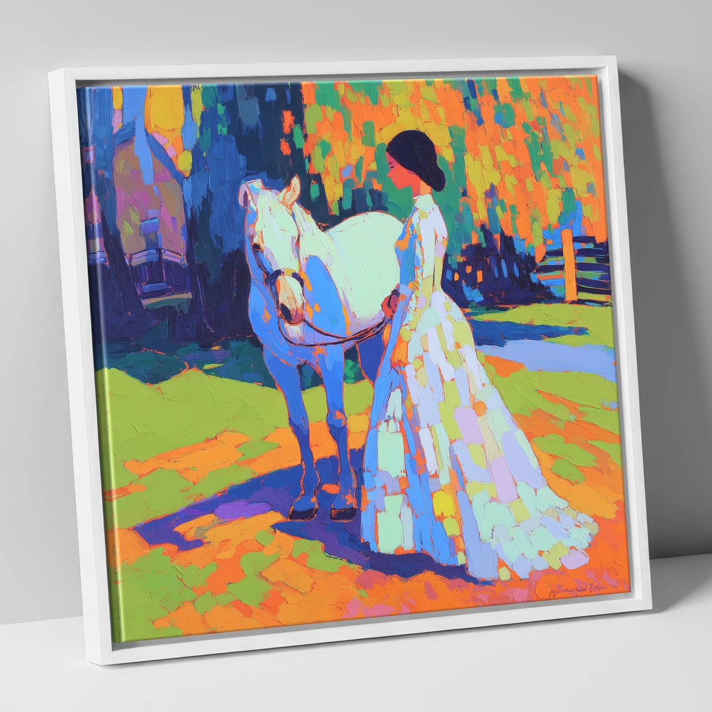Radiant Bond horse & rider canvas wall art in white frame