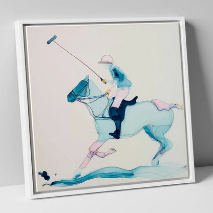 Ethereal Polo Strike polo horse canvas wall art in white frame