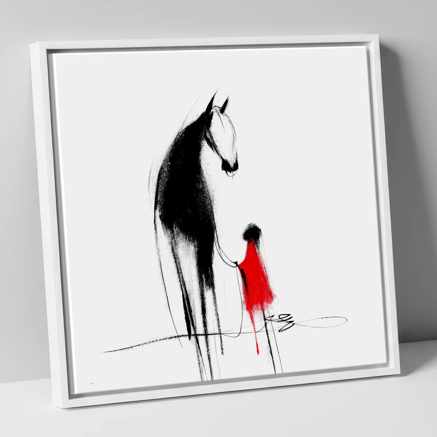 Crimson Connection horse & rider canvas wall art in white frame