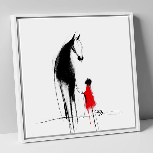 Black Horse and Child in Red horse & rider canvas wall art in white frame