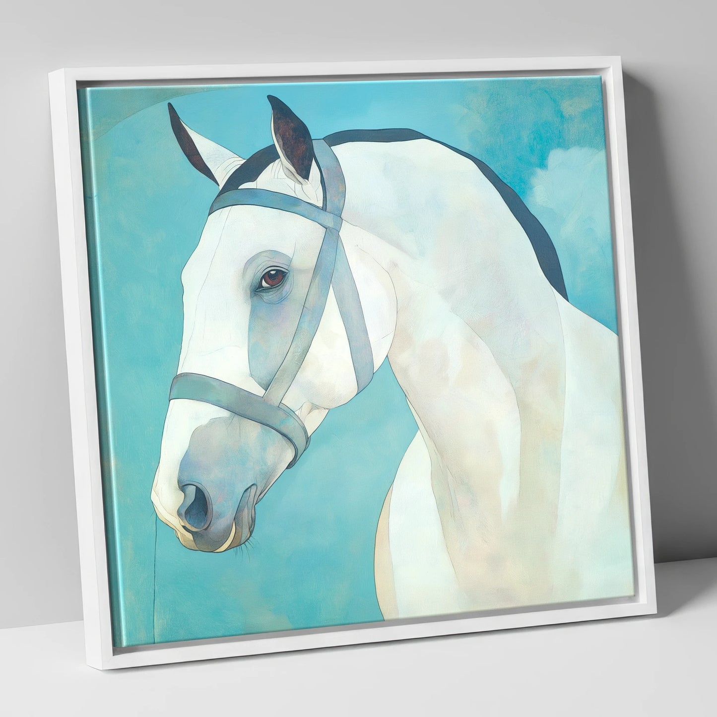 Serene Focus in Teal horse portrait canvas wall art in white frame