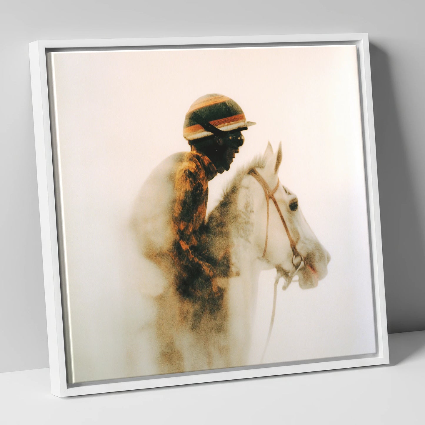 Echoes of the Track racing horse canvas wall art in white frame