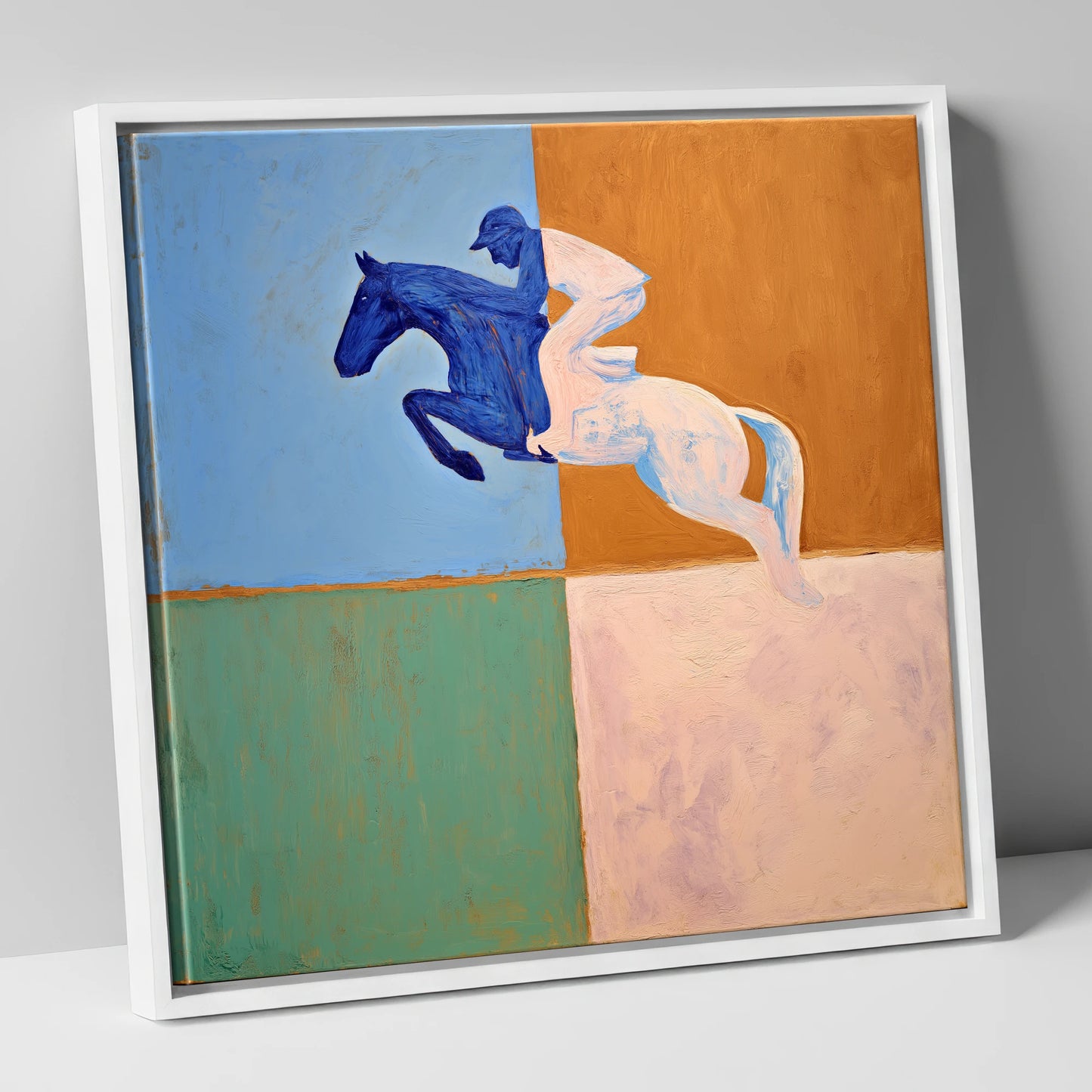 The Abstract Leap show jumping horse canvas wall art in white frame