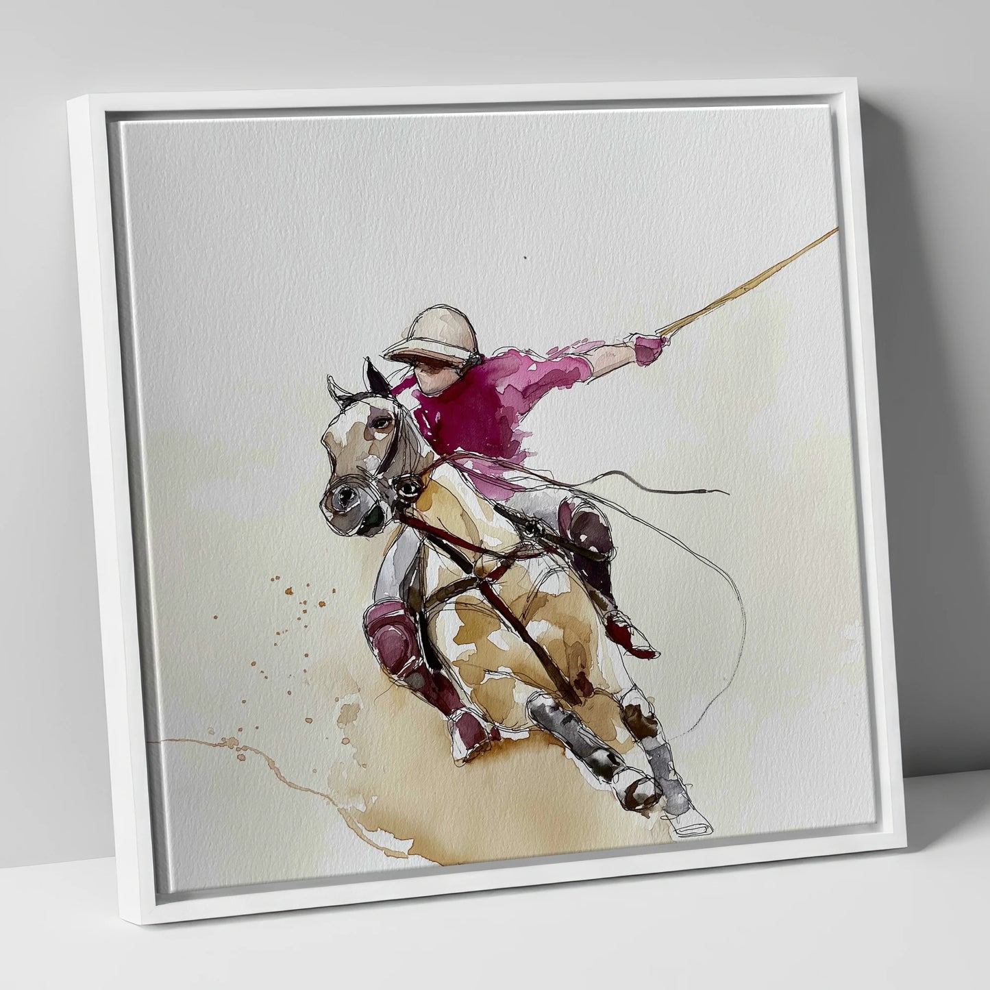 The Decisive Swing polo horse canvas wall art in white frame