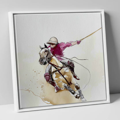 The Decisive Swing polo horse canvas wall art in white frame