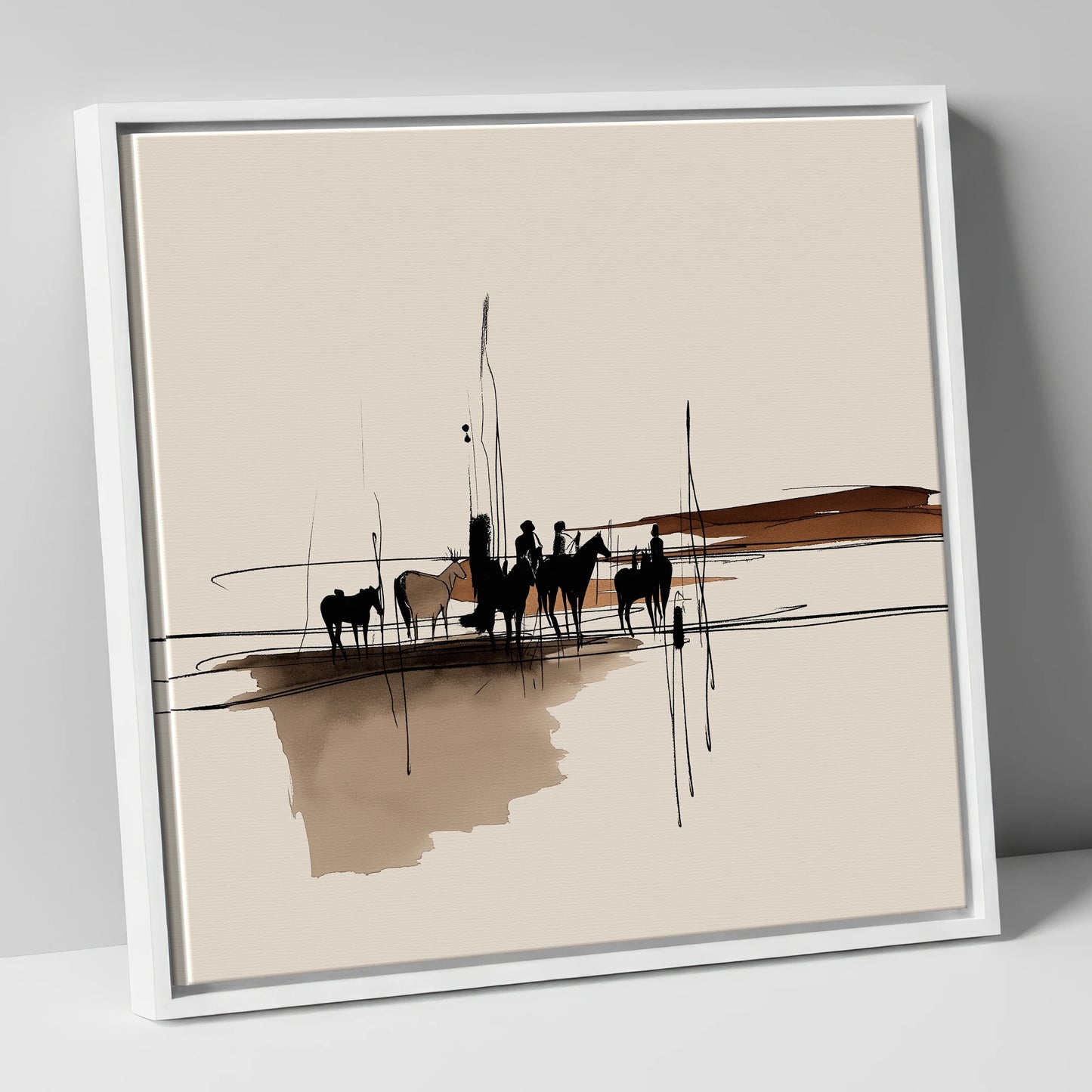 Silhouettes on the Wash horse landscape canvas wall art in white frame
