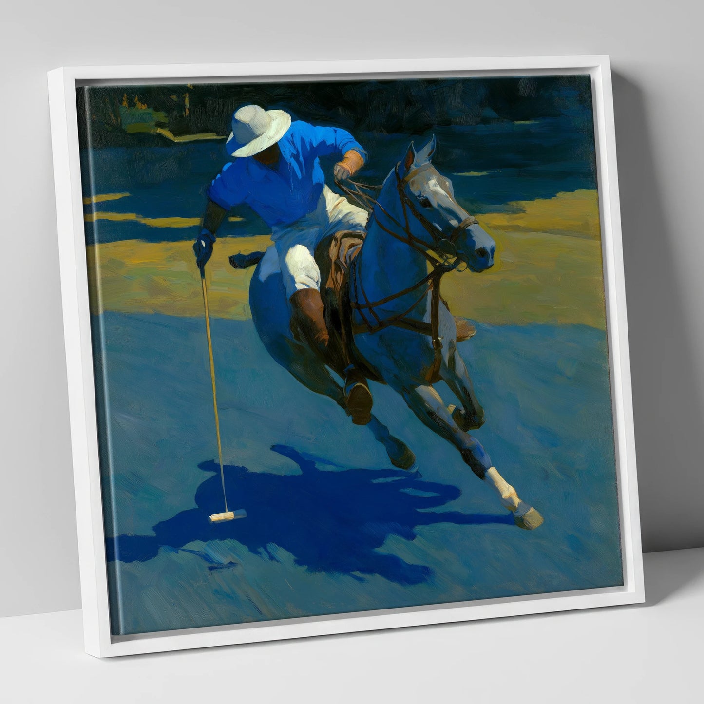 Sunlit Polo Run polo horse canvas wall art in white frame