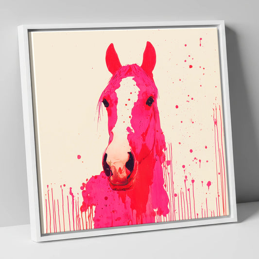 Vibrant Magenta Blaze horse portrait canvas wall art in white frame