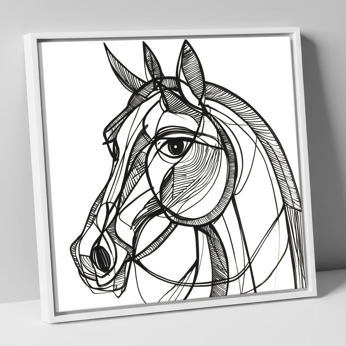 Bold Linear Equine horse portrait canvas wall art in white frame