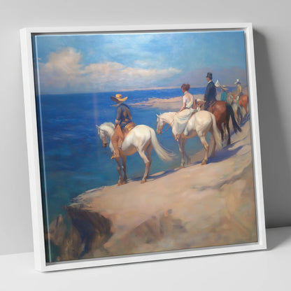Coastal Riders Halt horse landscape canvas wall art in white frame