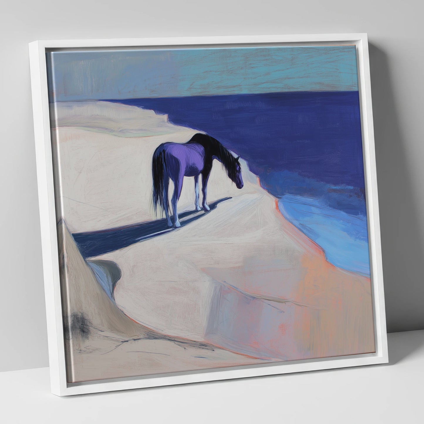 Indigo Coastal Solitude horse landscape canvas wall art in white frame