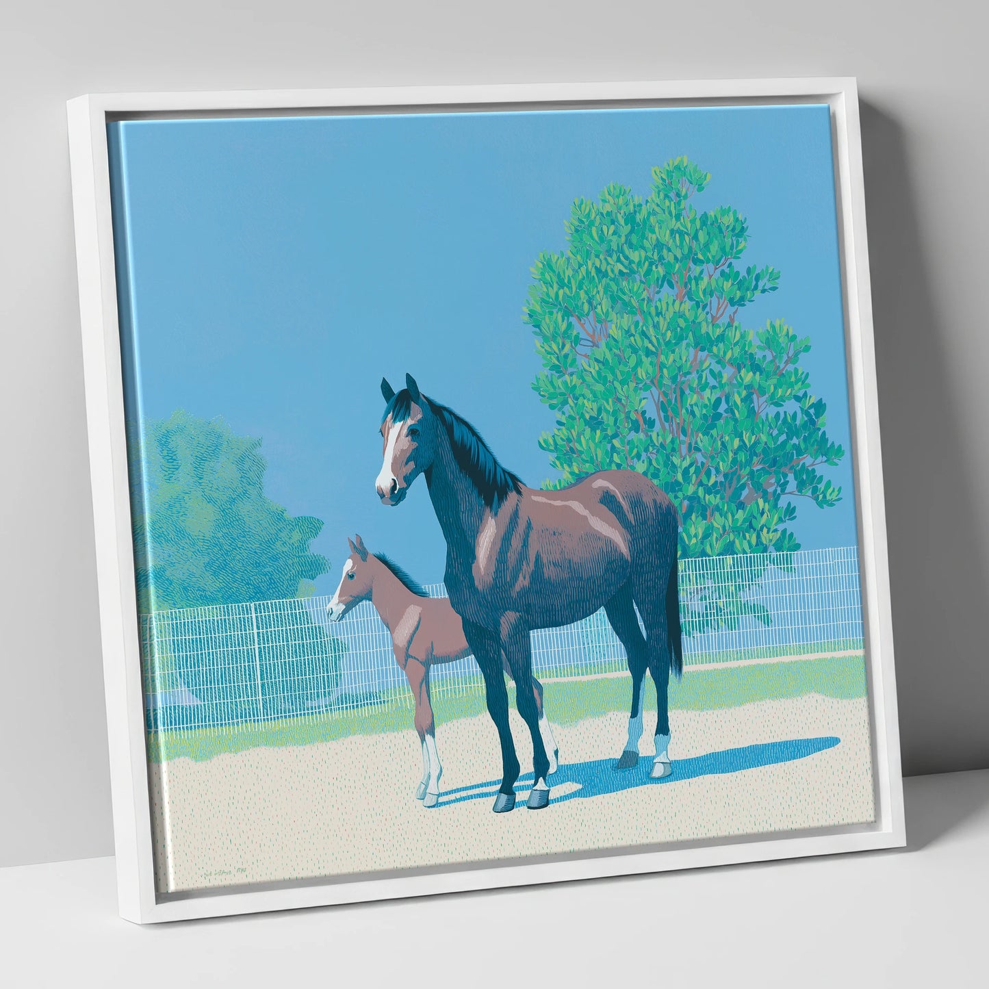 Summer Paddock Serenity mare & foal canvas wall art in white frame