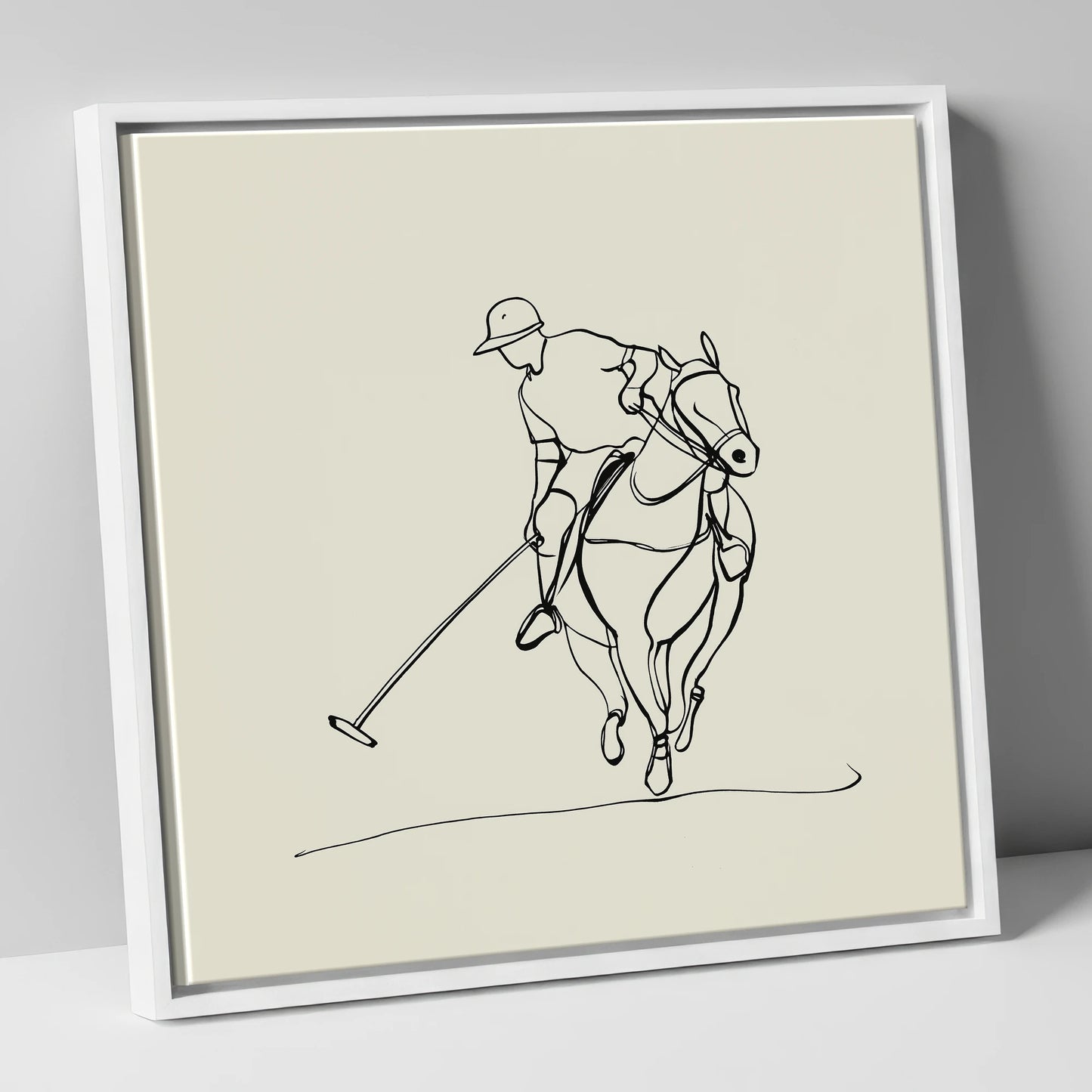 The Elegant Chukka polo horse canvas wall art in white frame