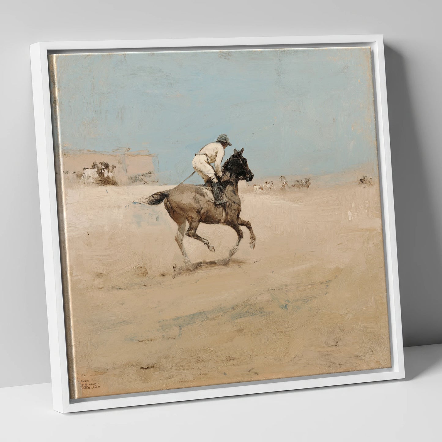 The Morning Gallop racing horse canvas wall art in white frame