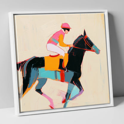 Vibrant Sprint racing horse canvas wall art in white frame
