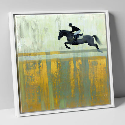 Flight Over Gold show jumping horse canvas wall art in white frame