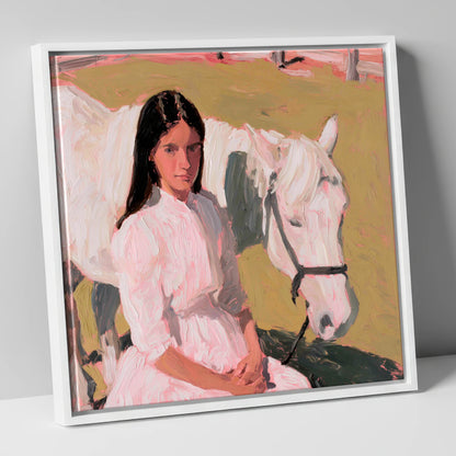 Pastel Companionship horse & rider canvas wall art in white frame