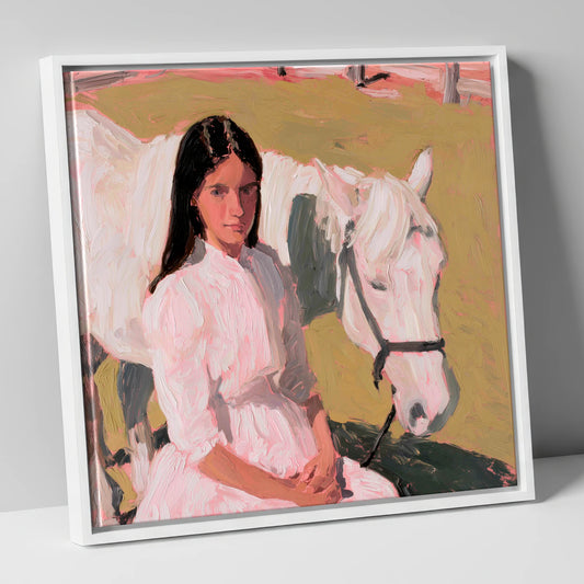 Pastel Companionship horse & rider canvas wall art in white frame