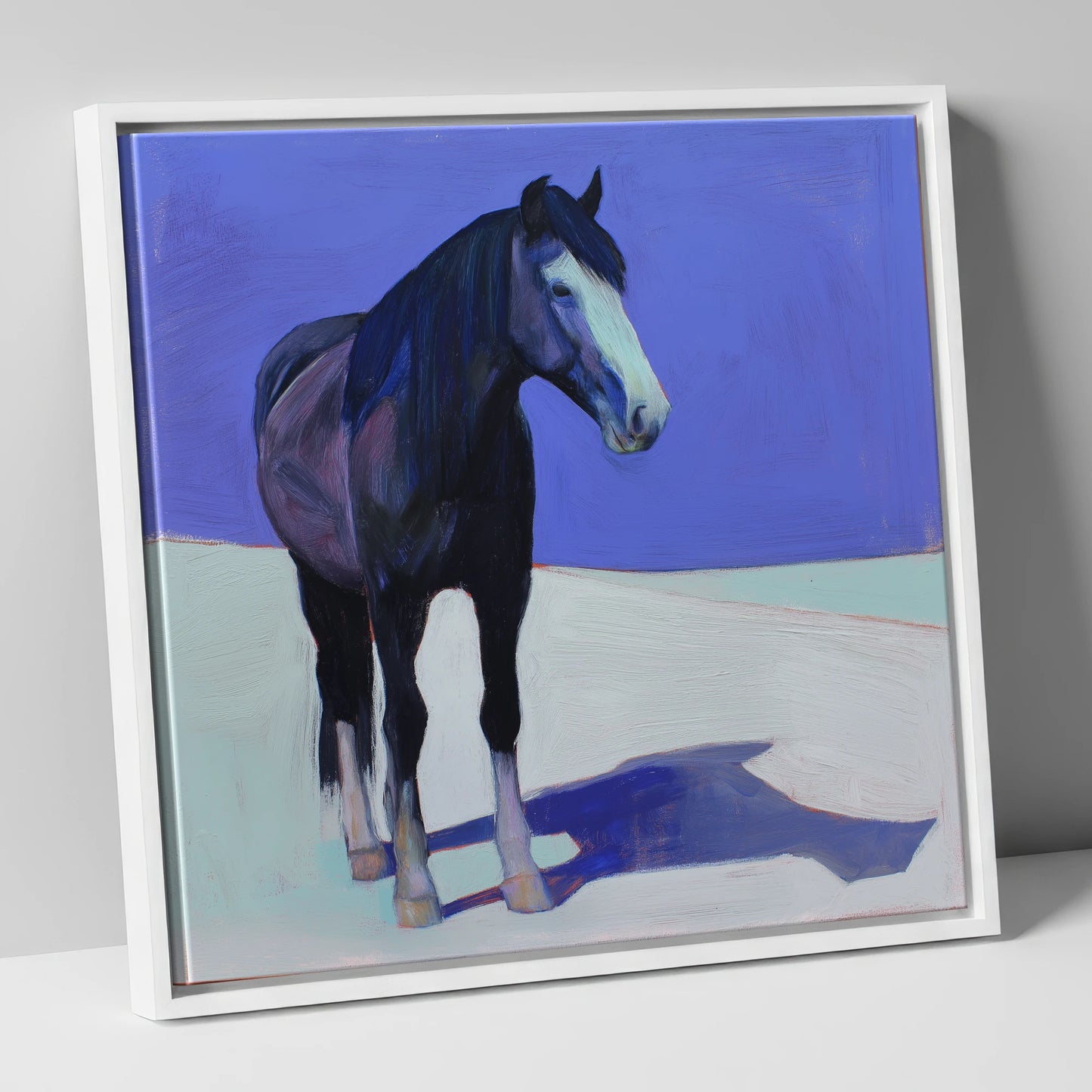 The Indigo Shadow horse portrait canvas wall art in white frame