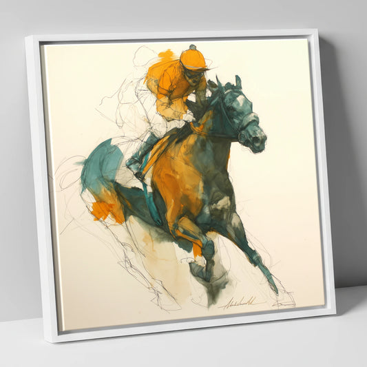 Amber Surge racing horse canvas wall art in white frame