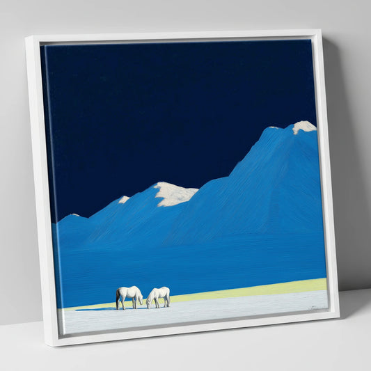 Cobalt Peaks and Greys horse landscape canvas wall art in white frame