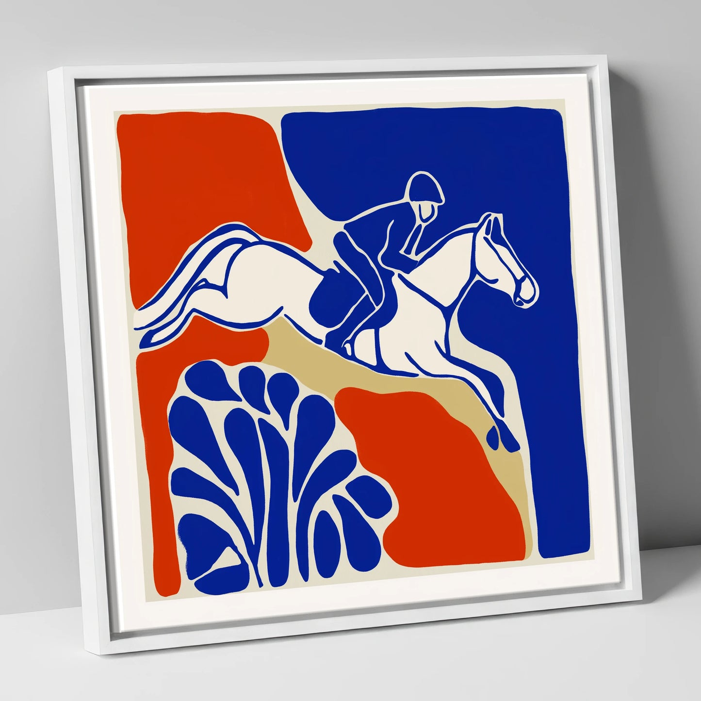 Cobalt Leap show jumping horse canvas wall art in white frame