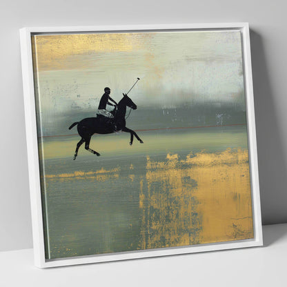 Gilded Chukka polo horse canvas wall art in white frame