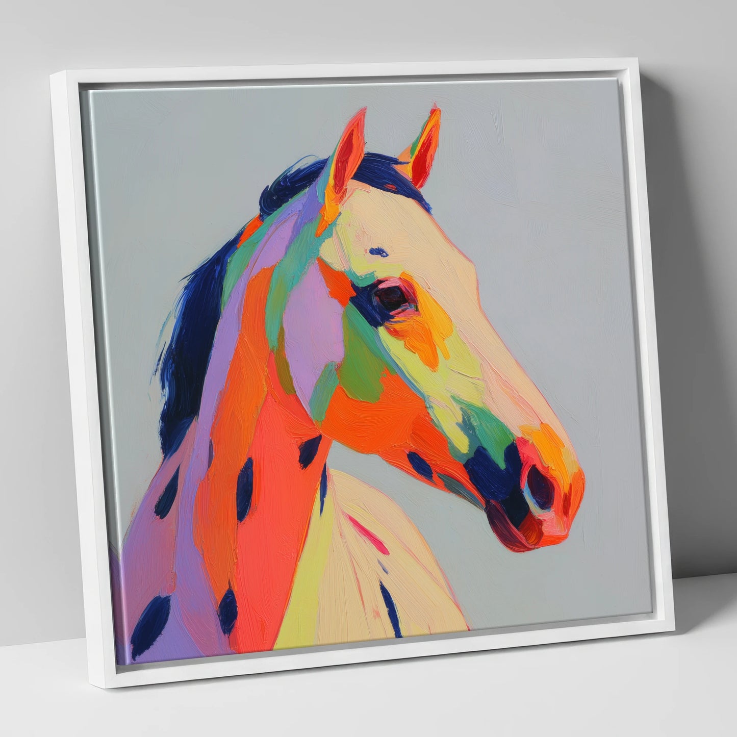 Technicolour Spirit horse breed canvas wall art in white frame