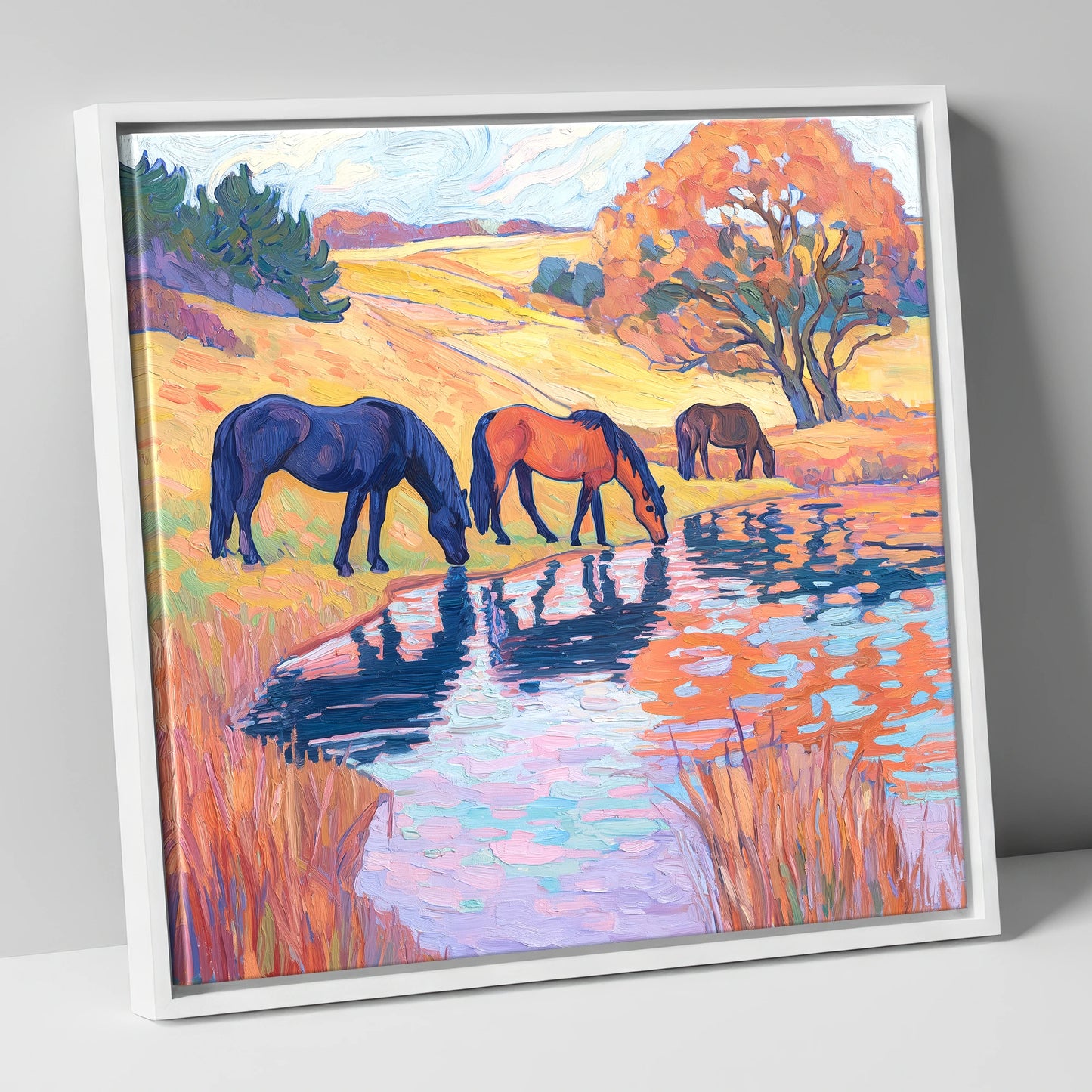 Painted Pasture Reflections horse landscape canvas wall art in white frame