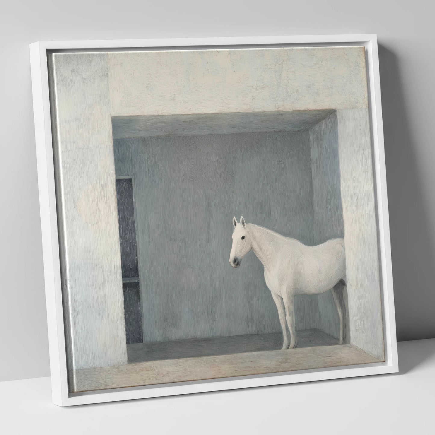 The Quiet Stall horse stable canvas wall art in white frame