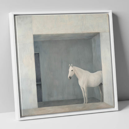The Quiet Stall horse stable canvas wall art in white frame