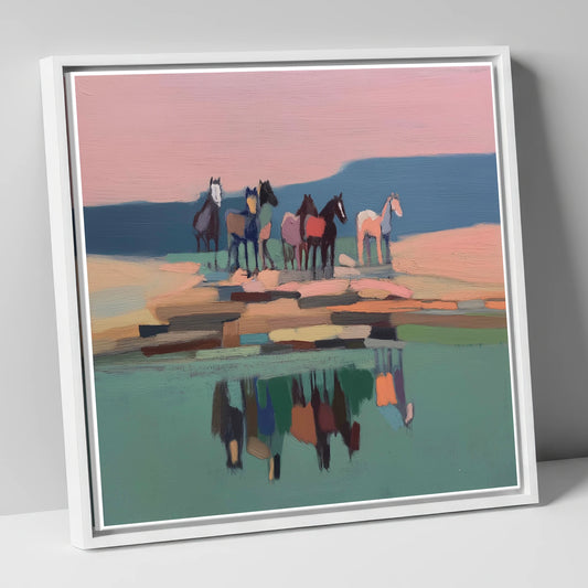 Stillness by the Water wild horses canvas wall art in white frame