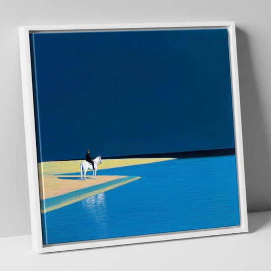 White Horse against Navy Sky beach horse canvas wall art in white frame