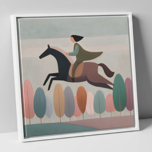 Above the Canopy show jumping horse canvas wall art in white frame