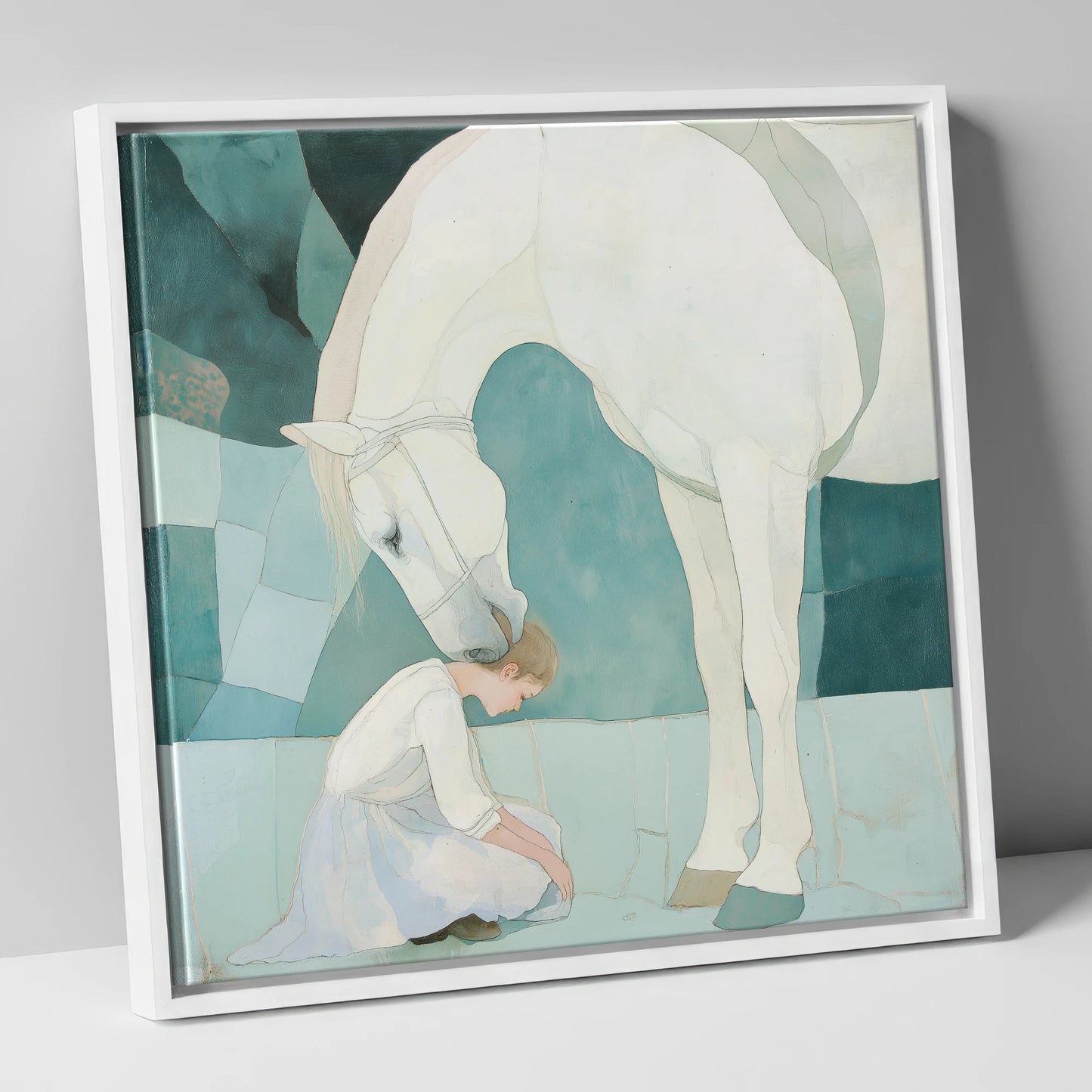 The Gentle Guardian horse & rider canvas wall art in white frame