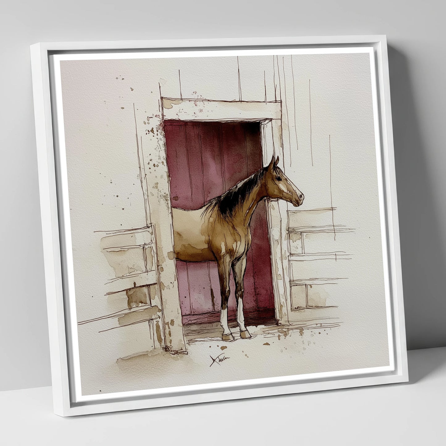 The Plum Doorway horse stable canvas wall art in white frame