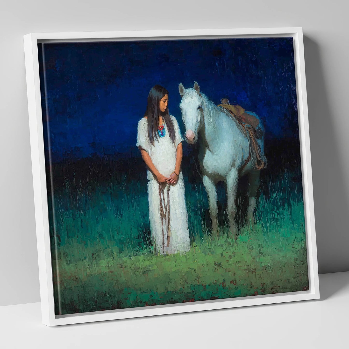 Quiet Night Vigil horse & rider canvas wall art in white frame