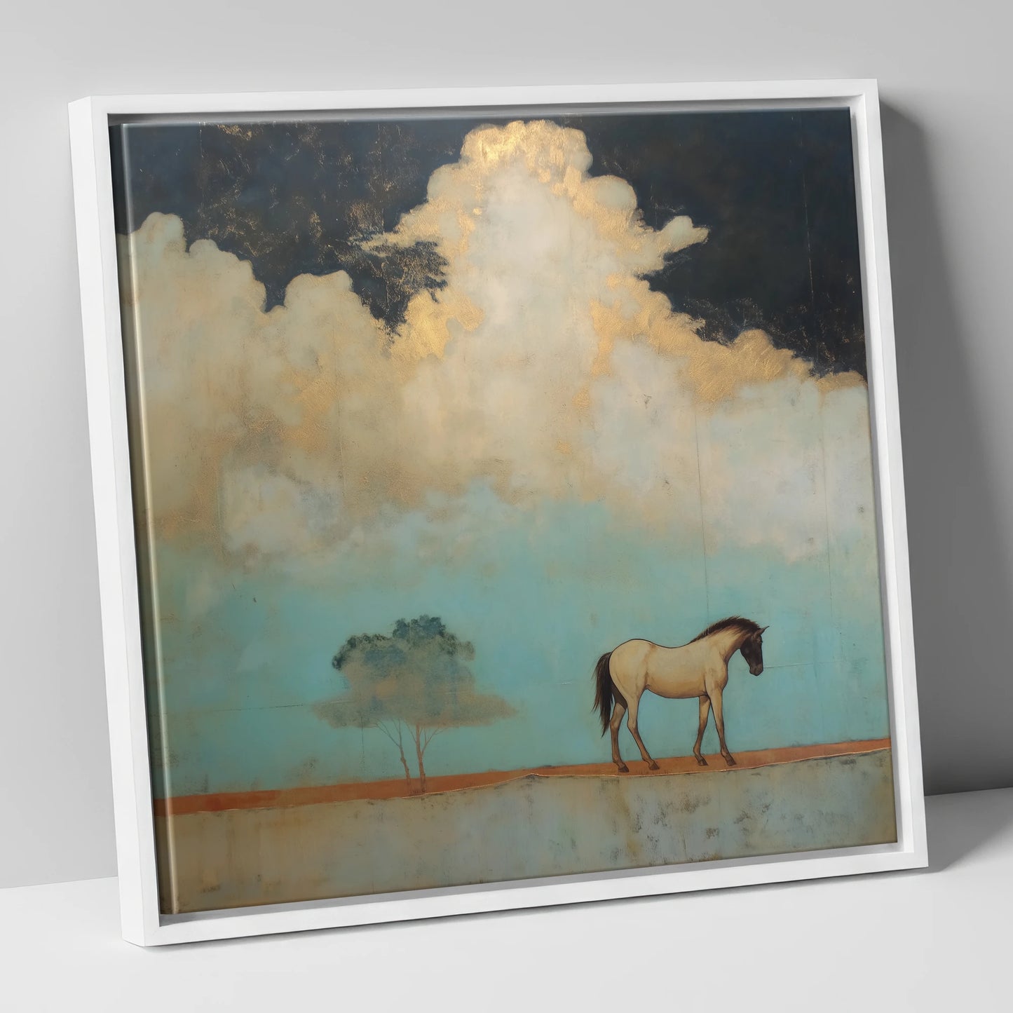 Beneath the Gilded Cloud horse landscape canvas wall art in white frame
