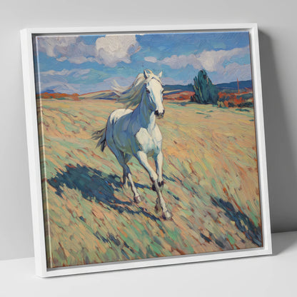 Sunlit Meadow Gallop wild horses canvas wall art in white frame