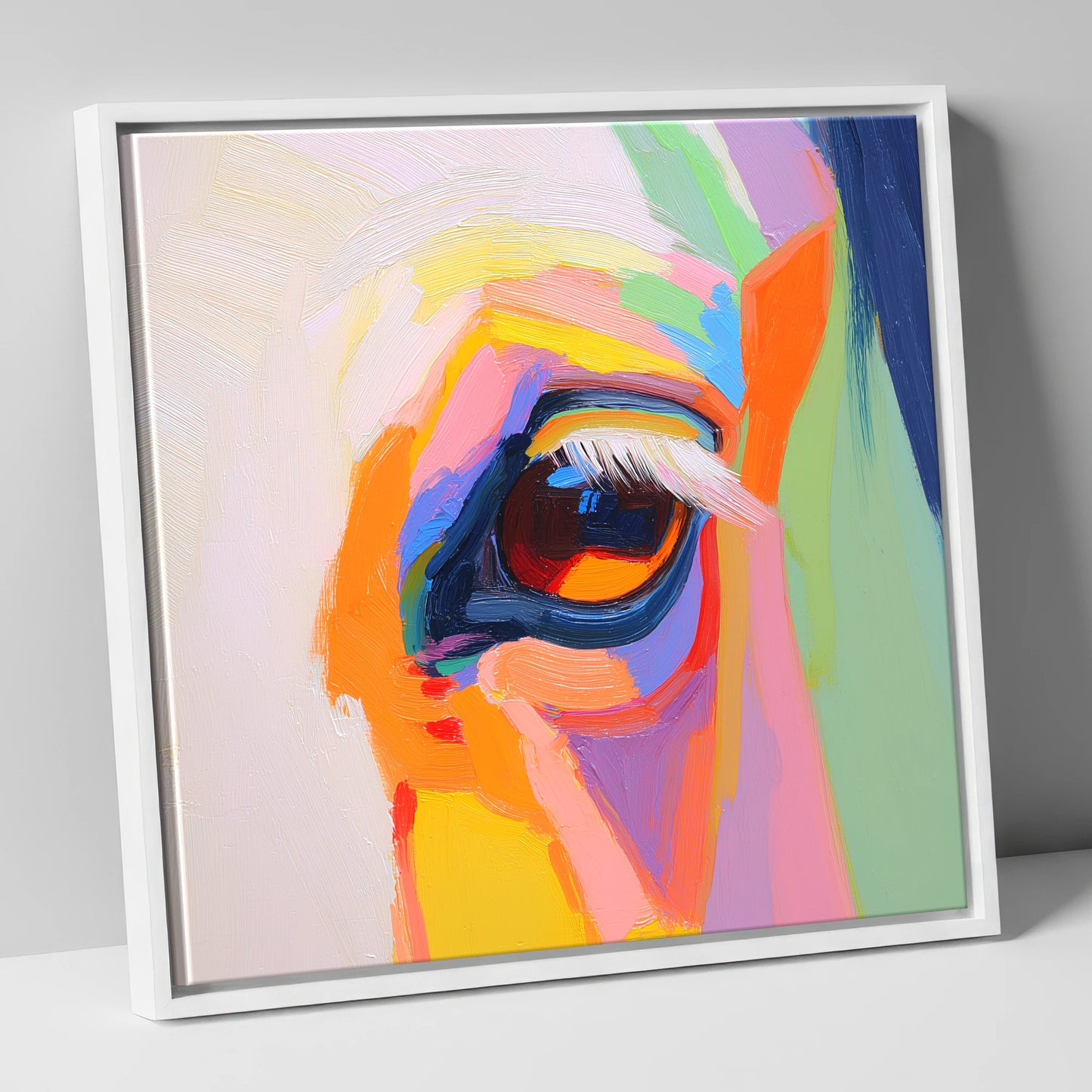 Kaleidoscopic Gaze horse portrait canvas wall art in white frame
