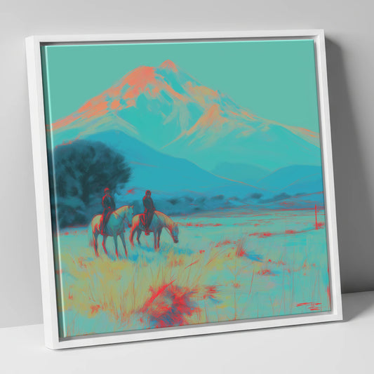 Electric Mountain Hack horse landscape canvas wall art in white frame