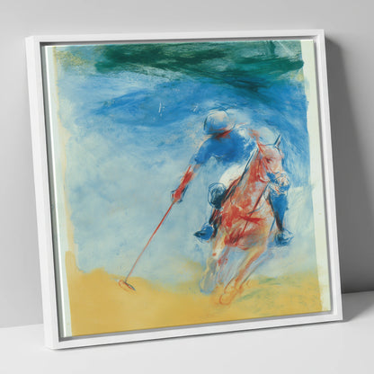 Velocity in Cerulean polo horse canvas wall art in white frame